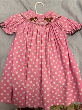 Girls Pink Polka Dot Smocked Dress